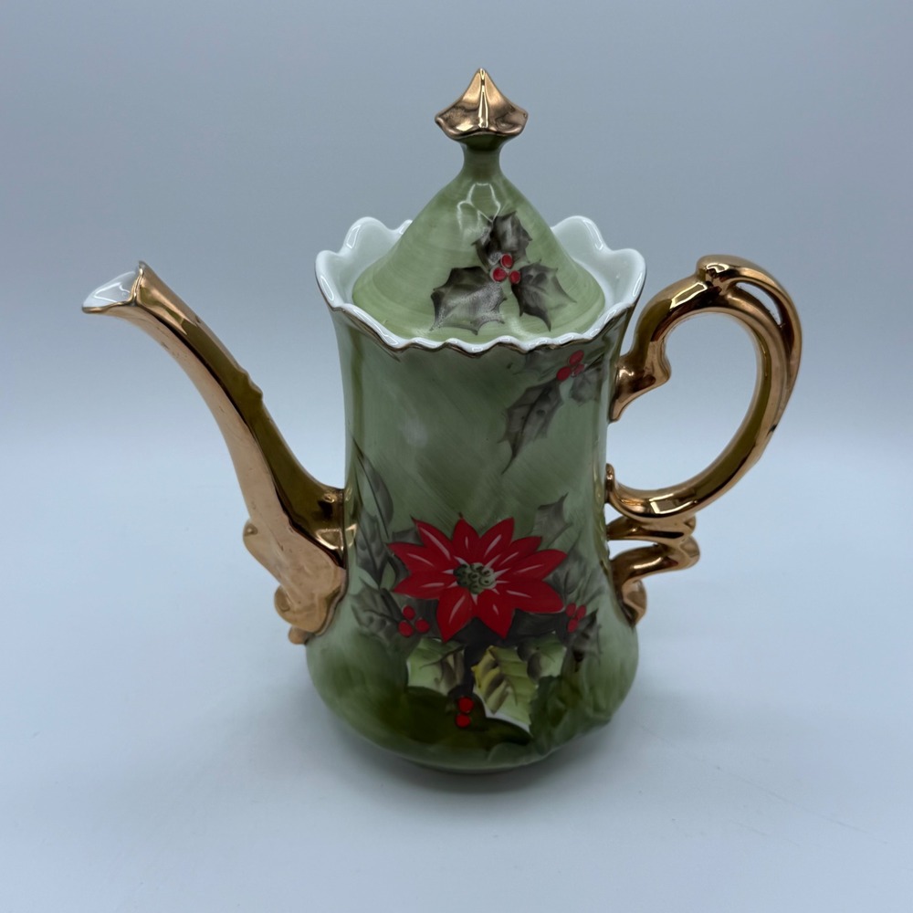 Lefton Teapot Christmas 8in Green Excellent Poinsettia Holly Gold Trim Japan